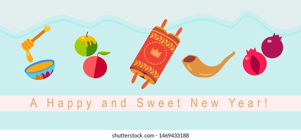 Rosh Hashanah greeting card - Jewish New Year elements. Shana Tova! Hebrew - Have a sweet year. Honey and apple, shofar, pomegranate, vintage torah scroll banner. Rosh hashana, sukkot Jewish Holiday