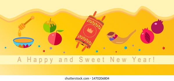 Rosh Hashanah greeting card - Jewish New Year elements. Shana Tova! Hebrew Have a sweet year Honey and apple, shofar pomegranate, vintage torah scroll banner. Rosh hashana sukkot Jewish Holiday vector