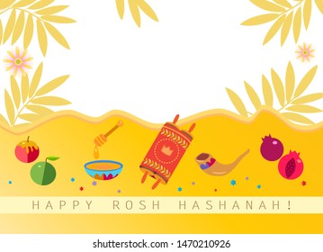 Rosh Hashanah greeting card - Jewish New Year elements. Shana Tova! Hebrew Have a sweet year. Honey and apple, shofar, pomegranate, torah scroll banner Rosh hashana sukkot Autumn Jewish Holiday page