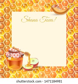 Rosh Hashanah greeting card Jewish New Year elements Shana Tova! Hebrew Have sweet year Honey and apple shofar gold honeycomb frame torah banner Rosh hashana sukkot Jewish Holiday page template vector