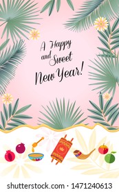Rosh Hashanah greeting card - Jewish New Year elements. Shana Tova! Hebrew Have a sweet year. Honey and apple, shofar, pomegranate, torah scroll banner Rosh hashana sukkot Jewish Holiday page template