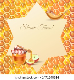 Rosh Hashanah greeting card - Jewish New Year elements. Shana Tova! Hebrew Have a sweet year. Honey and apple, shofar, david star torah honey comb banner Rosh hashana sukkot Jewish Holiday page vector