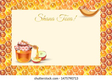 Rosh Hashanah greeting card Jewish New Year elements Shana Tova! Hebrew Have sweet year Honey and apple shofar gold honeycomb frame torah banner Rosh hashana sukkot Jewish Holiday page template vector