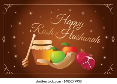 Rosh Hashanah greeting card - Jewish New Year. Shana Tova. Apples, honey, shofar, pomegranate.