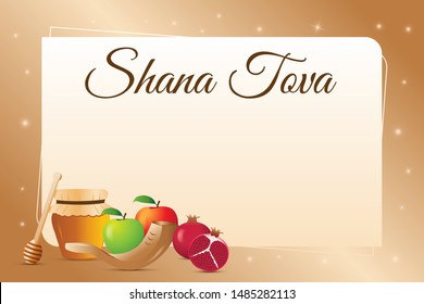 Rosh Hashanah greeting card - Jewish New Year. Shana Tova. Apples, honey, shofar, pomegranate.