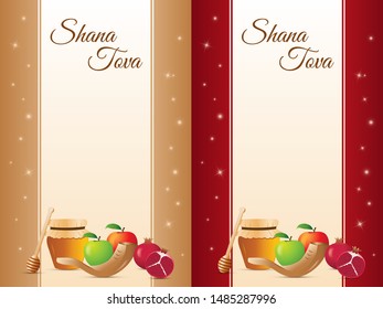 Rosh Hashanah greeting card - Jewish New Year. Shana Tova. Apples, honey, shofar, pomegranate.