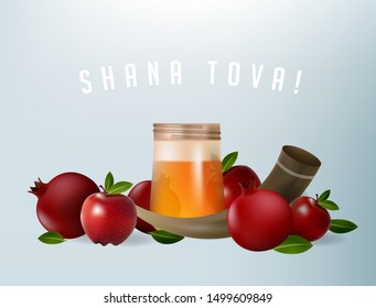 Rosh Hashanah greeting card - Jewish New Year. Text "Shana Tova!" on Hebrew - Have a sweet year. 
