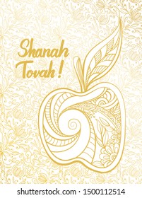 Rosh Hashanah greeting card. Rosh hashanah - Jewish New Year greeting cards design with golden apple. Greeting text in Hebrew have a good year. Hand drawn vector illustration.