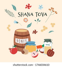 Rosh Hashanah greeting card. Jewish New Year Holiday postcard. Happy Shana Tova template for invitations. Cute cartoon vector illustration with honey, apples, flowers, jars, pomegranate.