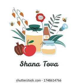 Rosh Hashanah greeting card. Jewish New Year Holiday postcard. Happy Shana Tova template for invitations. Cute cartoon vector illustration with honey, apples, flowers, jars, pomegranate.
