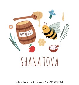 Rosh Hashanah greeting card. Jewish New Year Holiday postcard. Happy Shana Tova template for invitations. Cute cartoon vector illustration with honey, apples, flowers, jars, pomegranate.
