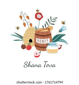 Rosh Hashanah greeting card. Jewish New Year Holiday postcards. Happy Shana Tova template for invitations. Cute cartoon vector illustration with honey, apples, flowers, beehive, barrel, pomegranate.