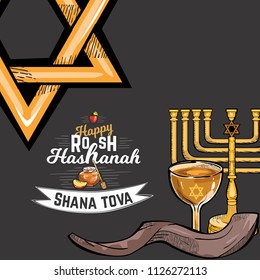 Rosh HaShanah greeting card with kippur text lettering. Happy Jewish New Year shofar yom design with logo vector illustration cartoon isolated on black background with shofar and menorah