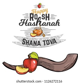 Rosh HaShanah greeting card with kippur text lettering. Happy Jewish New Year shofar yom design with logo vector illustration cartoon isolated on white background with shofar and menorah