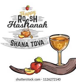 Rosh HaShanah greeting card with kippur text lettering. Happy Jewish New Year shofar yom design with logo vector illustration cartoon isolated on white background with shofar and menorah