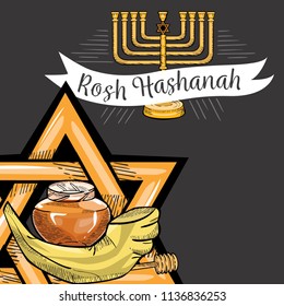 Rosh HaShanah greeting card with kippur text lettering. Happy Jewish New Year shofar yom design with logo vector illustration cartoon isolated on white background with shofar and menorah.