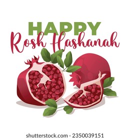 Rosh Hashanah greeting card. Pomegranate fruit with leaves on a white background.