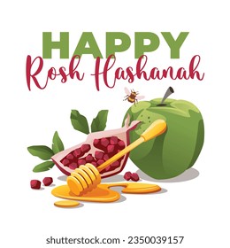Rosh Hashanah greeting card. Pomegranate fruit with leaves, green apple, bee on a white background.