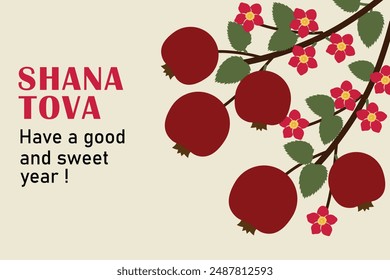 Rosh Hashanah Greeting Card with Pomegranate Branches and Flowers. Shana Tova. Have a Good and Sweet Year! Template design  in trendy modern art style greeting card, cover, holiday web banner, poster.