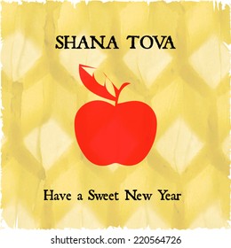 rosh hashanah greeting card. red apple on honeycomb background. vector illustration