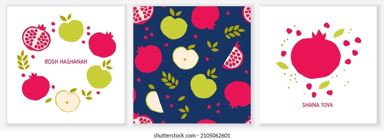 Juego de tarjetas de felicitación Rosh Hashanah. Patrón vectorial sin fisuras con manzanas y granadas. Año Nuevo judío