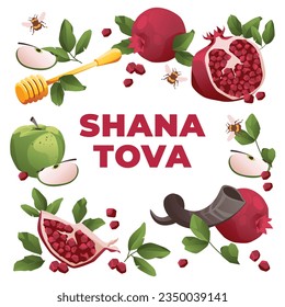 Rosh Hashanah greeting card. Square composition: Pomegranate fruit with leaves, green apple, honey bee horn on a white background.