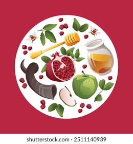 Rosh Hashanah greeting card. Square and circle composition traditional Jewish holiday. Vector illustration