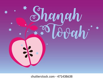 Rosh Hashanah greeting card. Text on hebrew: Shana Tova - have a good year. Vector illustration of apple on gradient background. Rosh Hashanah postcard template.