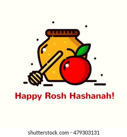 Rosh Hashanah greeting card, vector illustration in outline design cartoon style