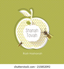 rosh hashanah greeting card- white apple design element with honeycomb pattern and bees isolated on green background