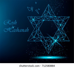 Rosh Hashanah greeting card with yellow polygonal Star of David and golden dots. Vector bright illustration for Jewish New Year on blue bright background