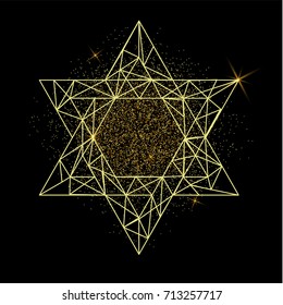 Rosh Hashanah greeting card with yellow polygonal Star of David and golden dots. Vector illustration for Jewish New Year on black background