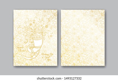 Rosh Hashanah greeting cards. Rosh hashanah - Jewish New Year card template with shofar and flowers. Hand drawn vector illustration.