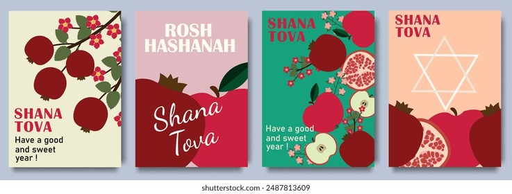 Rosh Hashanah Greeting Cards Set with Pomegranates, Apples and Star of David. Shana Tova. Judaism Shana Tova Holiday Vector Backgrounds. Festive Event Invitation Set.