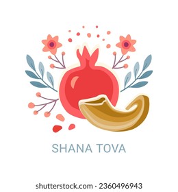 Rosh Hashanah greeting design with symbols of Jewish New Year pomegranate and shofar. Shana Tova - Happy New Year in Hebrew. Vector illustration