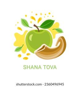 Rosh Hashanah greeting design with symbols of Jewish New Year apple, honey, and shofar. Shana Tova - Happy New Year in Hebrew. Vector illustration