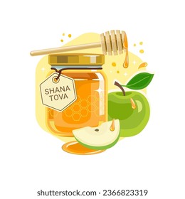 Rosh Hashanah greeting design with symbols of Jewish New Year honey jar and apples. Shana Tova - Happy New Year in Hebrew. Vector illustration