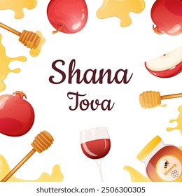 Rosh Hashanah greeting postcard. Hebrew new year poster, banner template with apple, honey, wine and pomegranate. Shana Tova.