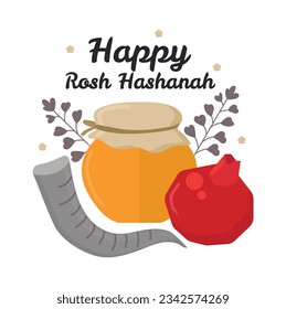 Rosh hashanah hand draw card with lettering, with pomegranat, honey, shofar. Jewish New Year holiday banner design. Template for postcard or invitation card, poster, print. Vector illustration.