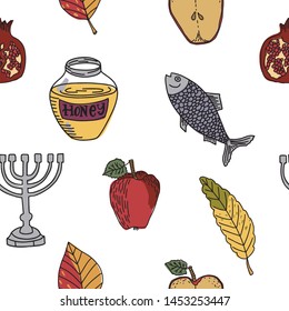 Rosh hashanah hand drawn jewish new year symbols in seamless colorful pattern on white background