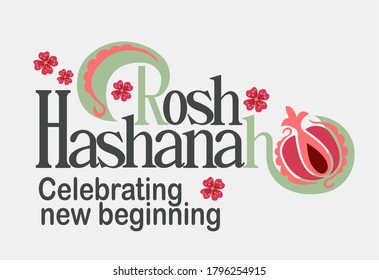 Rosh Hashanah - hand drawn lettering. Jewish holiday. Happy new year in Hebrew. Template for postcard or invitation card, poster, banner. Vector illustration. Isolated on white backgraund.