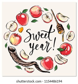 Rosh Hashanah hand drawn vector card, border, background, banner, frame with honey, apples, pomegranate and shofar horn,with handlettered sign Sweet Year!