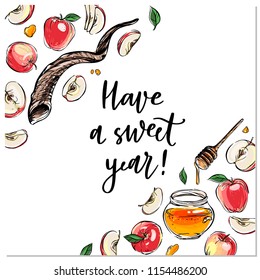 Rosh Hashanah hand drawn vector card, border, background, banner, frame with honey, apples, pomegranate and shofar horn, with handlettered sign Have a Sweet Year! 