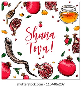 Rosh Hashanah hand drawn vector card, border, background, banner, frame with honey, pomegranate and shofar horn,with handlettered sign Shana Tova! 