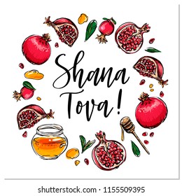 Rosh Hashanah hand drawn vector wreath card, border, background, banner, frame with honey, pomegranate and handlettered sign Shana Tova! 