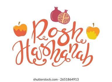 Rosh Hashanah hand lettering quote, Hebrew text New Year, pomegranate, apple in honey, isolated on transparent. Hand drawn flat vector illustration. Holiday clip art, seasonal design element