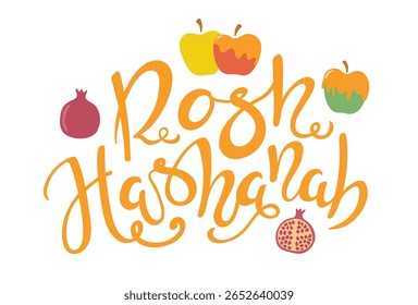 Rosh Hashaná citação de inscrição à mão, texto hebraico Ano Novo, romã, maçã no mel, isolado no transparente. Ilustração de vetor plana desenhada à mão. Clipe-arte de férias, elemento de design sazonal