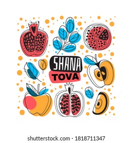 Rosh hashanah. Happy Shana Tova blessing and sweet new year, greeting card banner or poster with jewish holiday symbols pomegranate and apple vector colorful square background isolated on white