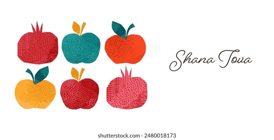 Rosh Hashanah, Rosh Hashana, Jewish New Year. Hand Drawn illustrations, vector design. Apples and pomegranate, Jewish New Year symbols and vector icons