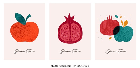 Rosh Hashanah, Rosh Hashana, Jewish New Year. Hand Drawn illustrations, vector design. Apples and pomegranate, Jewish New Year symbols and vector icons